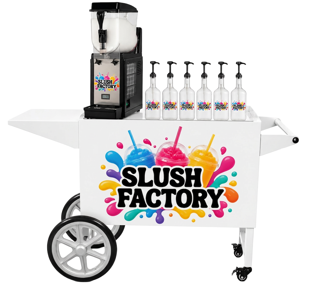Slush Factory slushmaskin med seks fargerike sirup-pumper